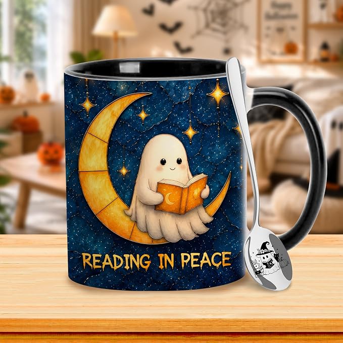 Hyturtle Cute Ghost Reading Mug with Spoon Gift for Book Lover on Halloween | Spooky Ghost Reading Themed Gifts for Readers, Halloween Decor, Double-sided print 11oz ceramic mug, Comfort grip handle - Image 2