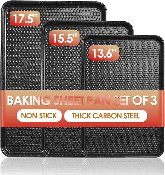 Baking Sheet Pan Set of 3, Nonstick Carbon Steel Cookie Sheets with Texture | Commercial Half/Quarter/Jelly Roll Pans Replacement Toaster Oven Tray, Heavy Duty & Easy Clean by Deedro
