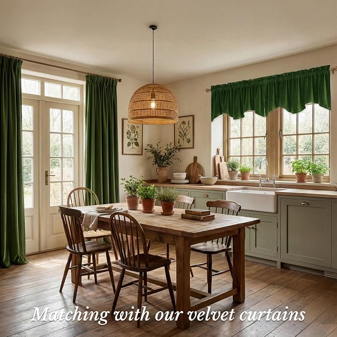 Moss Green Scalloped Velvet Valance 52x18 Inch 1 Panel | Thick Wavy Green Kitchen Curtains, Decorative Small Window Treatment for Living Room, Bathroom, Rod Pocket - Image 2