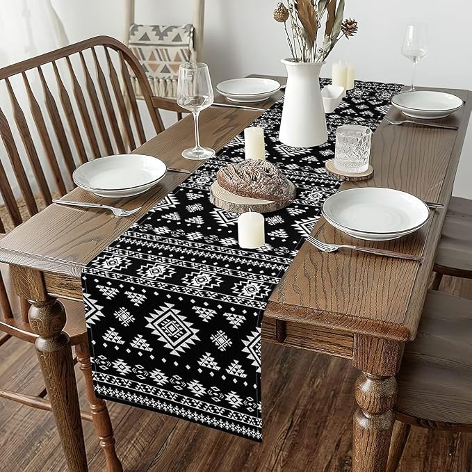 Feelyou Khaki Southwestern Aztec Table Runner Western Bohemian Kitchen Dining Decoration for Home Party 13x120 Inch Geometric Vintage Home Decor for Living Room Boho Tribal Black and White by Feelyou