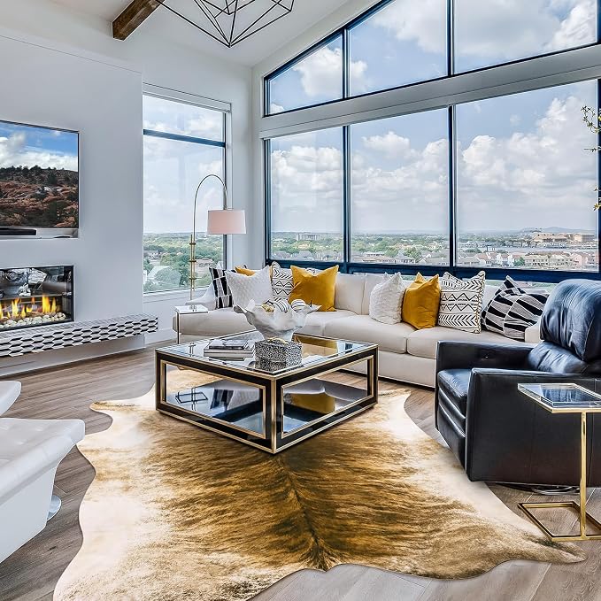 Amearea Faux Cow Hide Rug 5.2x4.6, Premium Western Home Decor Cow Print Rug | Faux Leather Animal Cowhide Carpet for Living Room Bedroom, Dining Traditional Cow Print Stuff Carpets, Yellow - Image 2