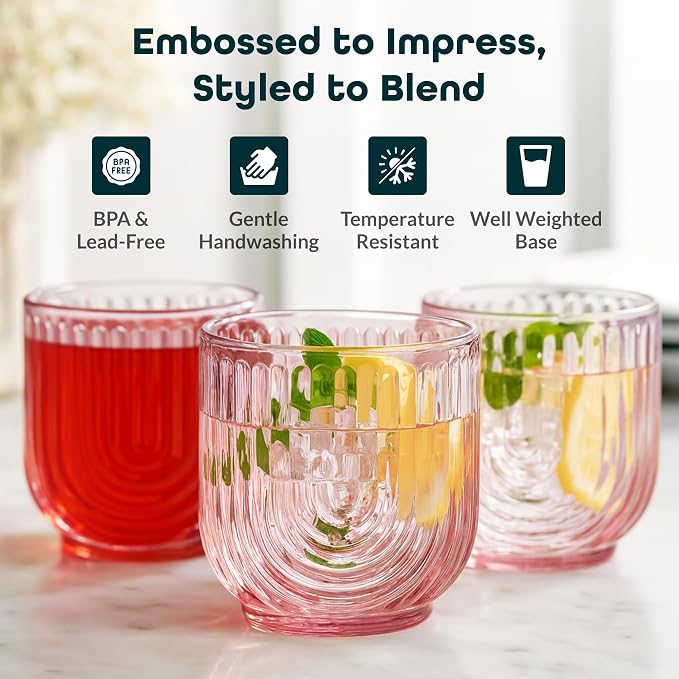Glaver's Vintage Glassware Art Deco Glasse Ribbed Drinking Glasses U-Shape Arch Design Colored Cocktail Kitchen Tumblers Everyday Dinner Decorative Party HandWash Only (Pink S/4 11oz) - Image 5
