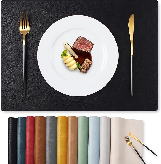 MOSAYT Vinyl Placemats Set of 4-12 X 17 Inch - Faux Leather 100% Waterproof Oil-Proof Wipeable PU Place Mats, Heat Resistant Reversible Table Mats for Kitchen, Dining, Outdoor, Black by MOSAYT