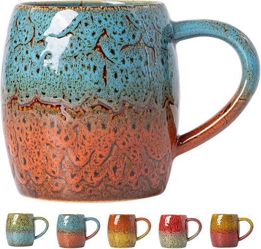 Handmade 22oz Ceramic Coffee Mug, Ergonomic Large Handle, Ideal Gift for Coffee Lovers, Microwave & Dishwasher Safe (Bas-Relief - Blue&Orange) by XIYUANJI