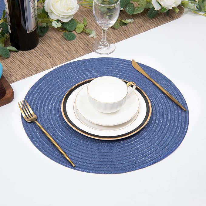 SHACOS Round Placemats Set of 6 Washable 15 inch Round Table Mats Cotton Polyester Woven Braided Place Mats for Dining Table (Sail Blue, 6) - Image 7