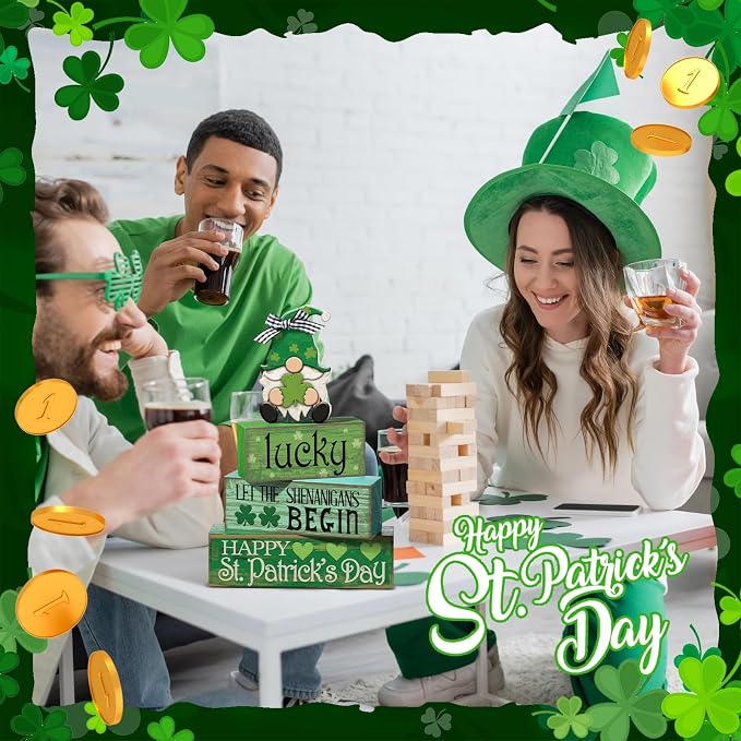 Moucuny 4 Pcs St. Patrick's Day Table Decoration Irish Tiered Tray Decor Wooden Gnome Shamrocks Block Signs Happy St. Patrick's Day Centerpiece for Tables Irish Wooden Sign for Home Decor - Image 4
