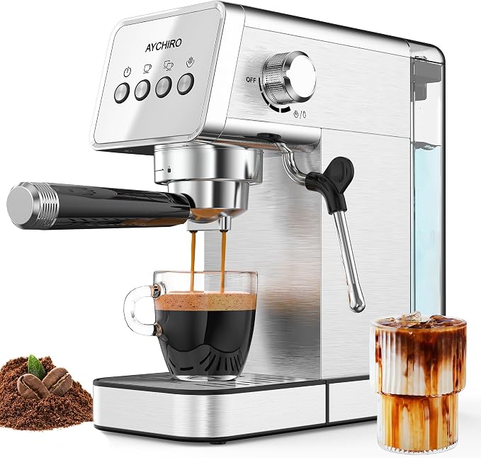 AYCHIRO 20-Bar Espresso Machine with Milk Frother, Professional Espresso Coffee Machine for Home, Stainless Steel Cappuccino Maker, Removable Water Tank & Drip Tray, Silver by AYCHIRO