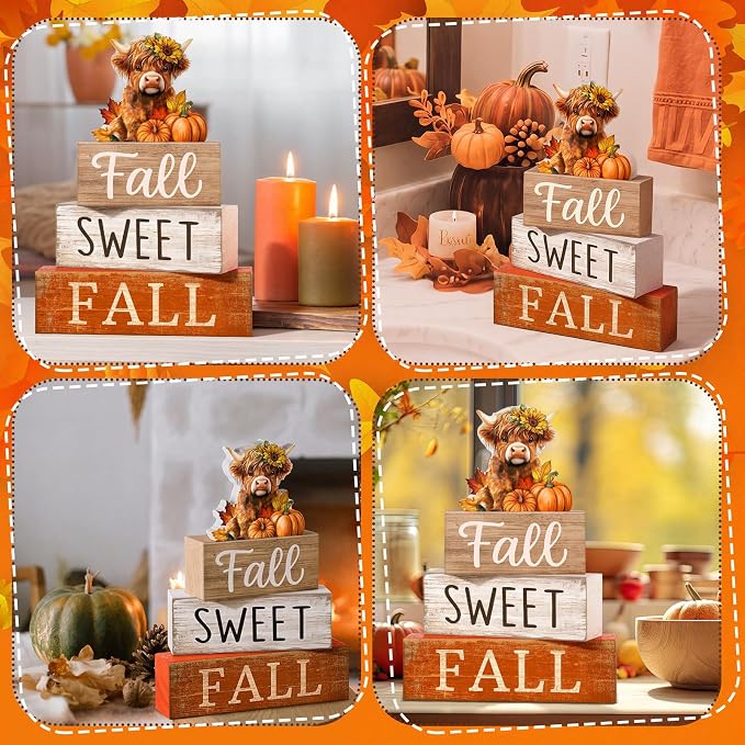Moucuny 4 Pcs Fall Decoration for Highland Cow Home Fall Table Decor Wooden Stacked Block Decor with Sunflower Cow & Pumpkin Topper Rustic Thanksgiving Tiered Tray Decoration for Harvest Home Kitchen - Image 5