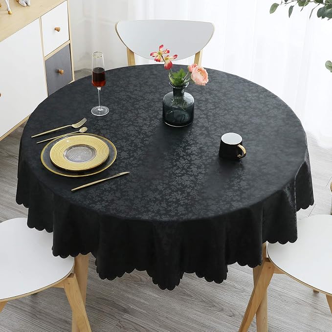Smiry Round Waterproof Heavy Duty Vinyl Tablecloths, 70 x 70 Inch | Wipeable Washable Floral Embossed Table Cover for Kitchen and Dining Room, Indoor & Outdoor Use, Black - Image 7