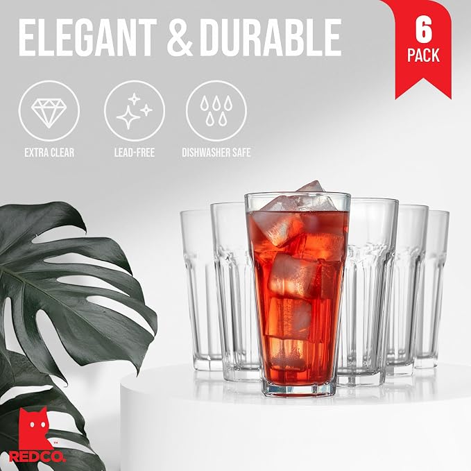 Red Co. Set of 6 Clear Glass 16 Fl Oz Drinking Highball Tumblers for Water, Juice, Beer, Cocktails - Image 2
