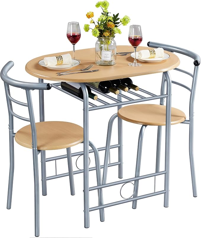 Yaheetech 3 Piece Dining Table Set, Kitchen Table & Chair Sets for 2, Compact Bistro Table Set with Steel Legs, Built-in Wine Rack for Small Space, Apartment, Breakfast Nook, Natural by Unknown