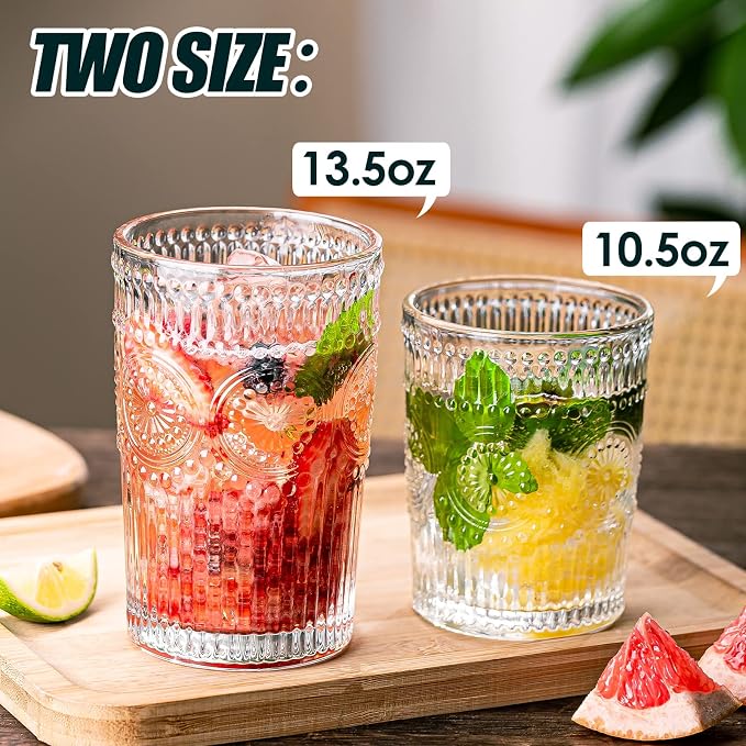 Vintage Drinking Glasses Set of 12, Textured Clear Striped Glass Cups-6 Highball Glasses 13oz & 6 Rocks Glasses 10oz, Ribbed Glassware Set, Mojito Cups, Cocktail Glass, Iced Coffee Cup - Image 2