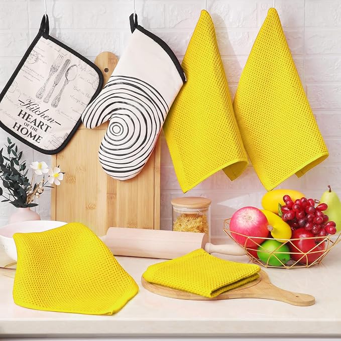 Homaxy 100% Cotton Waffle Weave Kitchen Dish Cloths 8-Pack, Yellow | 12 x 12 Inches, Ultra Soft Absorbent Dish Towels, Quick Drying Dish Rags with Hanging Loop - Image 6