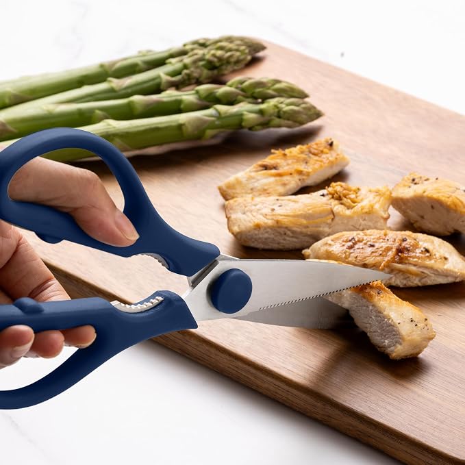 Rae Dunn Kitchen Scissors- Stainless Steel Kitchen Shears, Cooking Scissors for Cutting Meat, Chicken, Herbs and Produce with Blade Cover and Soft Grip Handles (Blue) - Image 4