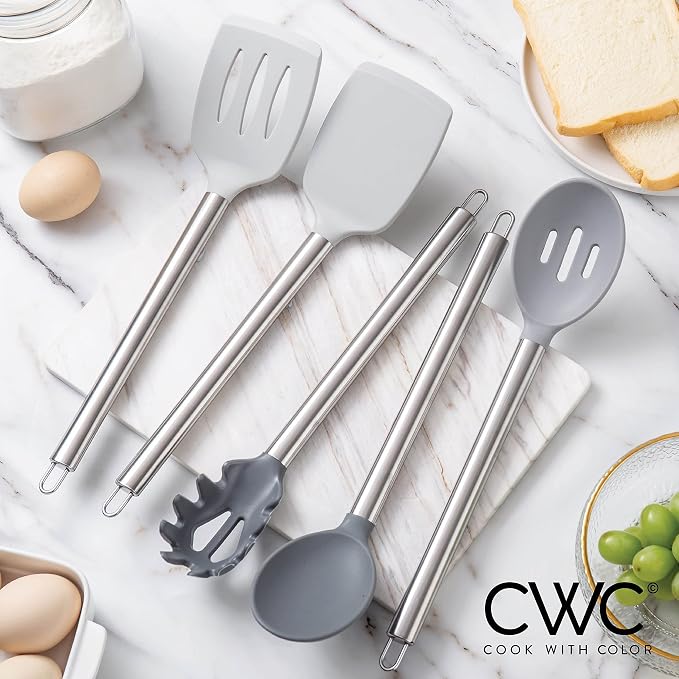 COOK WITH COLOR Silicone Cooking Utensils, Kitchen Utensil Set, Easy to Clean Silicone Kitchen Utensils, Cooking Utensils for Nonstick Cookware, Kitchen Gadgets Set, 5 Pieces, Grey Ombre - Image 2