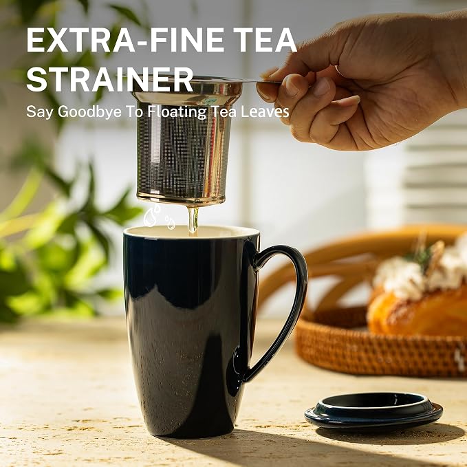 Sweese 15oz Ceramic Tea Cup with Infuser and Lid, Microwave and Dishwasher Safe, Extra-Fine Loose Leaf Tea Steeper, Comfortable Handle, Tea Set in Gift Box, Dark Blue - Image 4