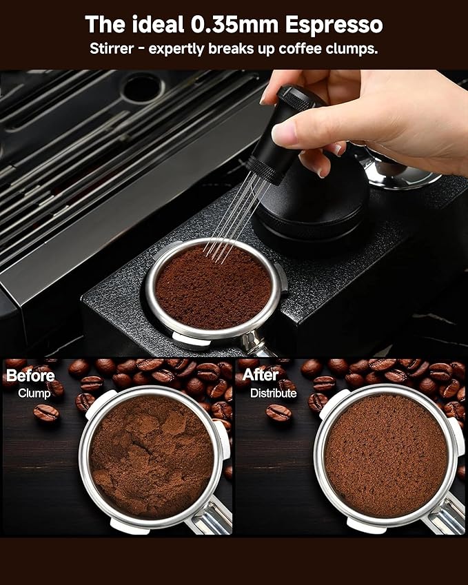 WDT Espresso Distribution Tool - Espresso Accessories with Built-in Cleaning Brush - Espresso Stirrer Tools- 0.35mm 7 Needle Distributor and Extra 7 Needles - Aluminum Handle with Stand