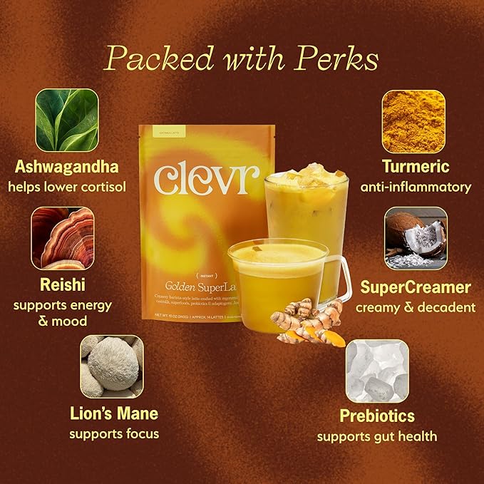 Clevr Blends Turmeric Powder, Golden Milk Instant Latte Mix, Superfood Powder with Oat Milk, Lions Mane, Reishi Mushroom, Organic Spices, Coconut Cream, Ashwagandha, Serve Hot or Iced, (14 Lattes)