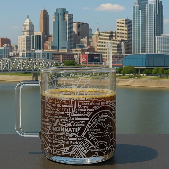 Greenline Goods – Cincinnati, OH Map Glass Coffee Mugs (Set of 2), 16 oz – Etched Wrap Design