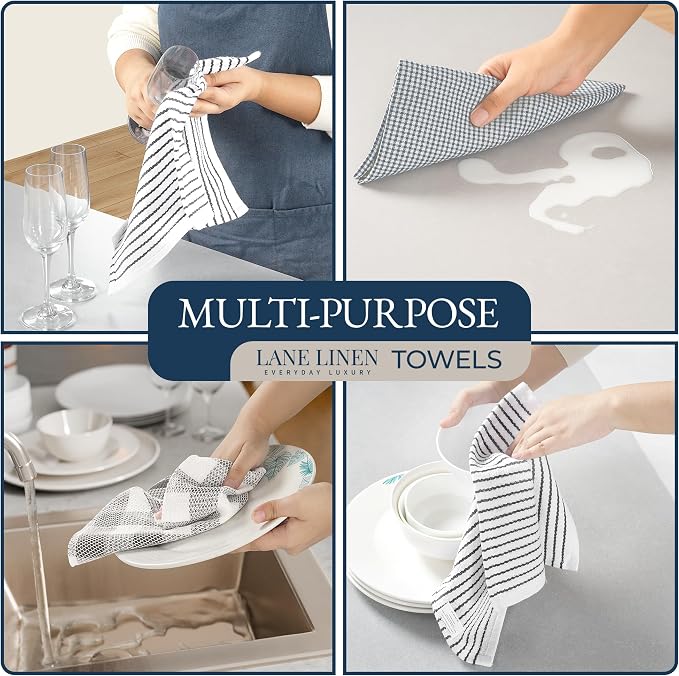 LANE LINEN Kitchen Towels and Oven Mitt Set 20 Pc - Lint Free Cotton Dish Towels for Kitchen Drying, Cozy Terry Dish Rags, Flour Sack Towels for Sourdough Bread Proofing & Quilted Pot Holders - Grey - Image 4