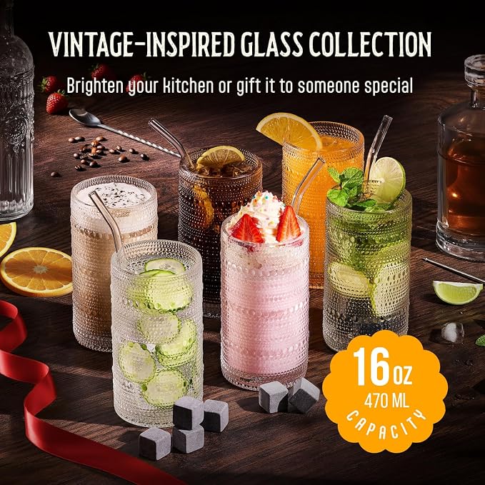 16 Oz Hobnail Drinking Glasses Set of 6 - Clear Multipurpose Glassware Sets, Decorative & Stylish Glasses Drinking Set for Bar, Kitchen, Cocktail Glassware, Garden - Home, Dining, & Kitchen - Image 2