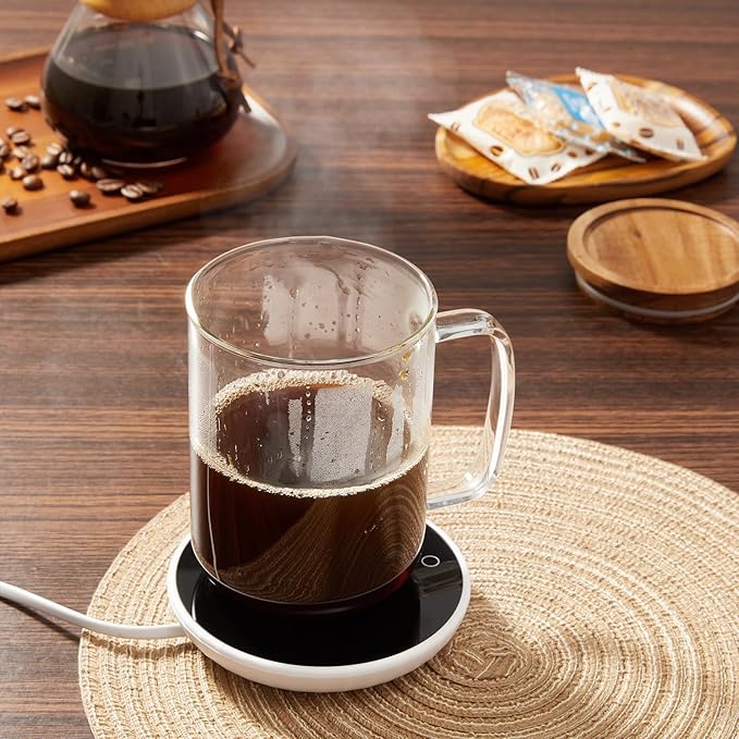 DRASTAR Glass Coffee Cups, 20 oz Large Coffee Mugs, Flat Bottomed Cups with Acacia Wood Lid, Glass Tea Cup with Handle, ClearTea Cup Set of 4