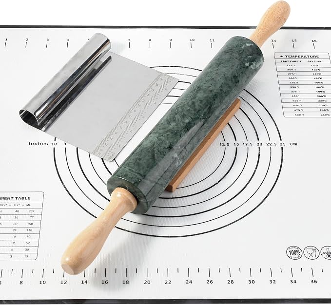 Indian Natural Marble Rolling Pin, Non-Stick Polished Dough Roller, Pasta, Dumpling, Fondant, Pie Crust, Bread, Pizza Dough, Kitchen Baking Pastry Tools with Mat/Scraper(Indian Green) by Koville