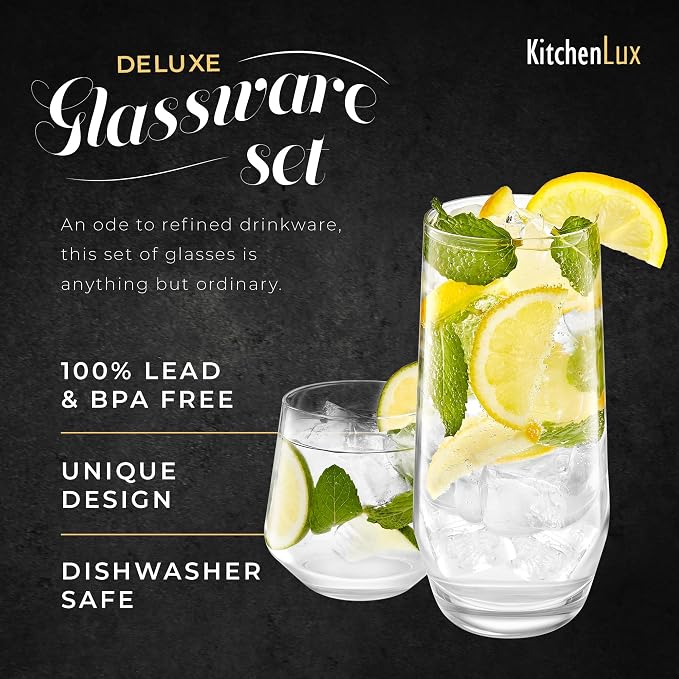 Kitchen Lux Drinking Glasses Set of 8 - Highball Tumbler & Rocks Drinkware | 4 Tall (18.5oz) & 4 Short (12.8oz) Glass Cups - Elegant Glassware Sets for Sparkling Cocktails, Wine, Beer, Whiskey - Image 2