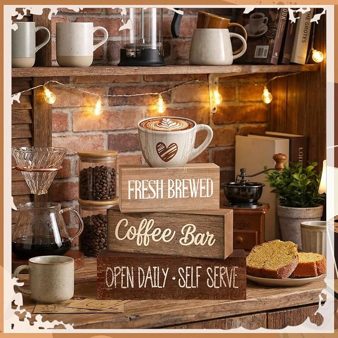 Moucuny 4 Pcs Farmhouse Coffee Bar Signs Decor Wooden Cup Rise & Shine It's Coffee Time Rustic Wood Cafe Sign Gift for Home Kitchen Tabletop Decor - Image 4