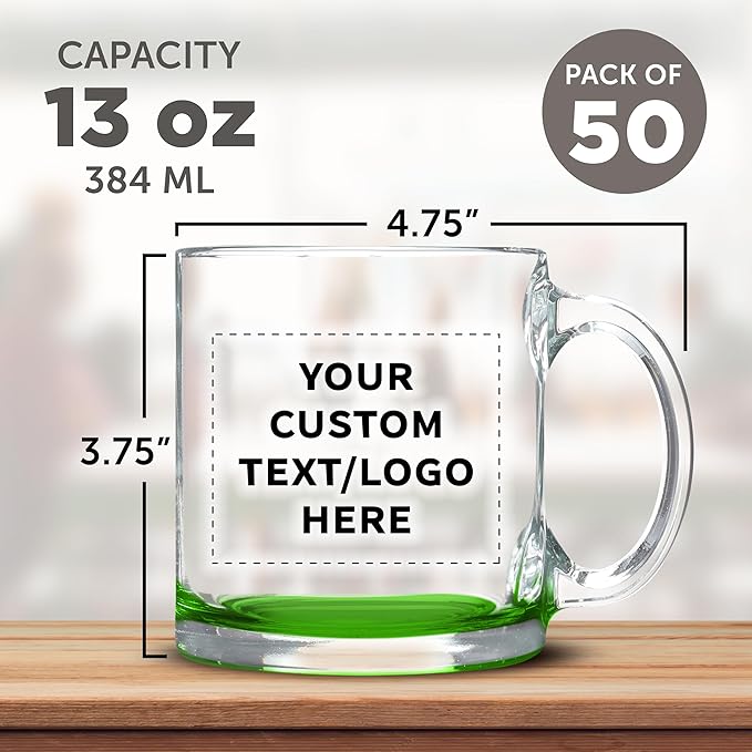 Custom Libbey Clear Glass Coffee Mugs 13 oz. Set of 50, Personalized Bulk Pack - Perfect for Coffee, Tea, Espresso, Hot Cocoa, Other Beverages - Green Bottom