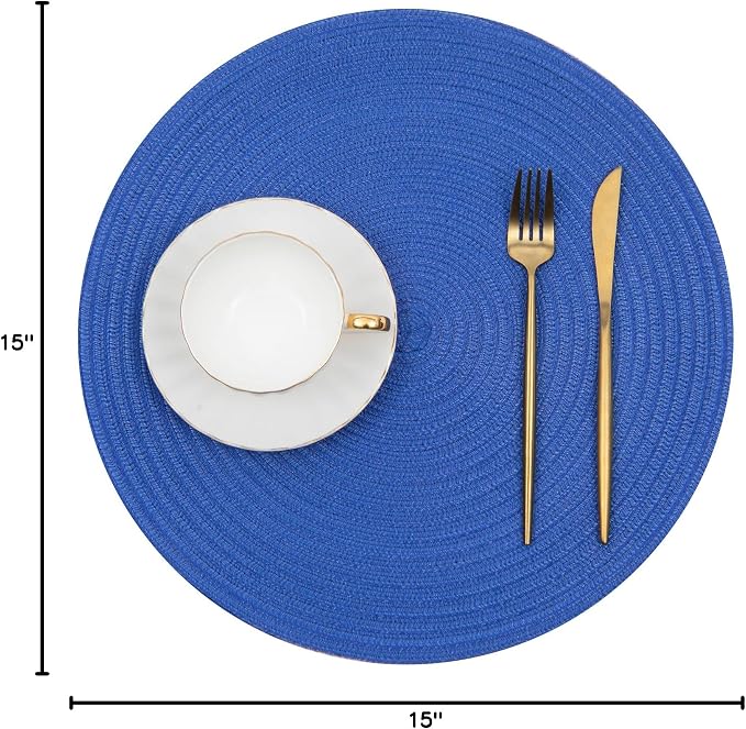 SHACOS Round Placemats Set of 6 Washable 15 inch Round Table Mats Cotton Polyester Woven Braided Place Mats for Dining Table (Blue, 6) - Image 10
