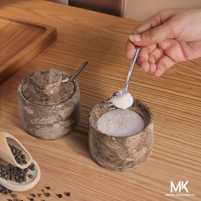 MARBLOUS KRAFTS Marble Salt Cellar 3" Inch Oceanic Flaky Salt Holder for Countertop, Set of 2 Spice Boxes, Brown Sugar Keeper, and Sugar Jar with Lid & Spoon, Perfect for Kitchen Storage - Image 6