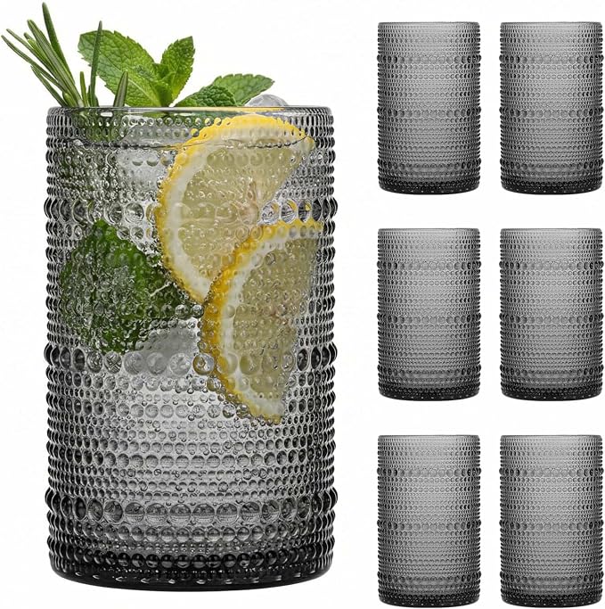 Moretoes 15oz Gray Hobnail Drinking Glasses Set of 6 | Vintage Highball Glass Cups, Kitchen Drinkware Glassware for Beer,Cocktail,Whiskey,Juice and Various Mixed Drinks by Moretoes