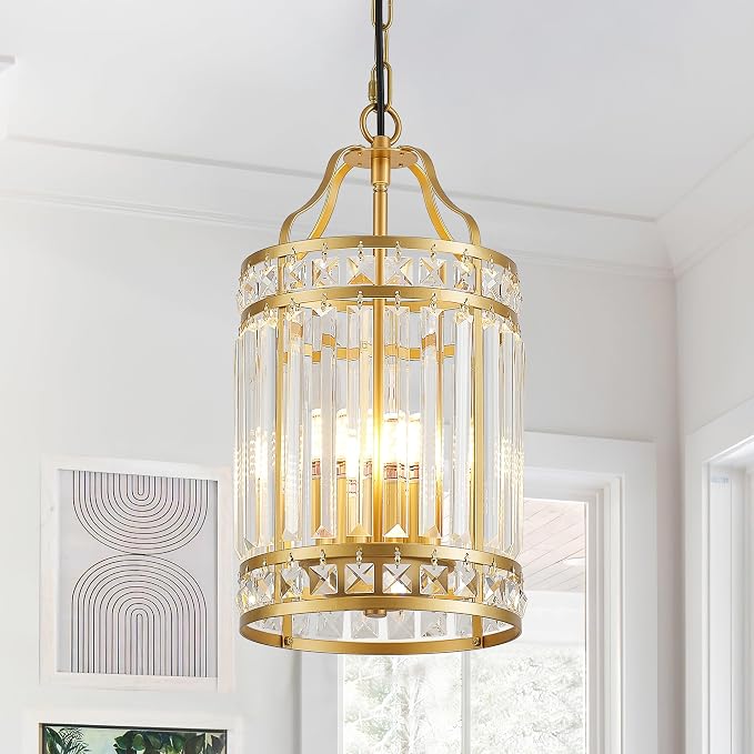 Modern Gold Pendant Island Light Fixtures for Kitchen, Luxury Elegant Crystal Small 4-Light Chandeliers for Dining Room, Industrial Cage Hanging Ceiling Lighting for Bedroom Foyer Hallway by Lighceac-ProfessionalLightingFixturesManufacturer