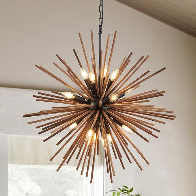 31.3" Farmhouse Sputnik Chandelier for Dining Room Rustic Handmade Natural Wood 16-Light Hanging Ceiling Pendant Light Fixture Starburst Wood Chandeliers for Kitchen Bedroom Foyer Hallway by Lighceac-ProfessionalLightingFixturesManufacturer