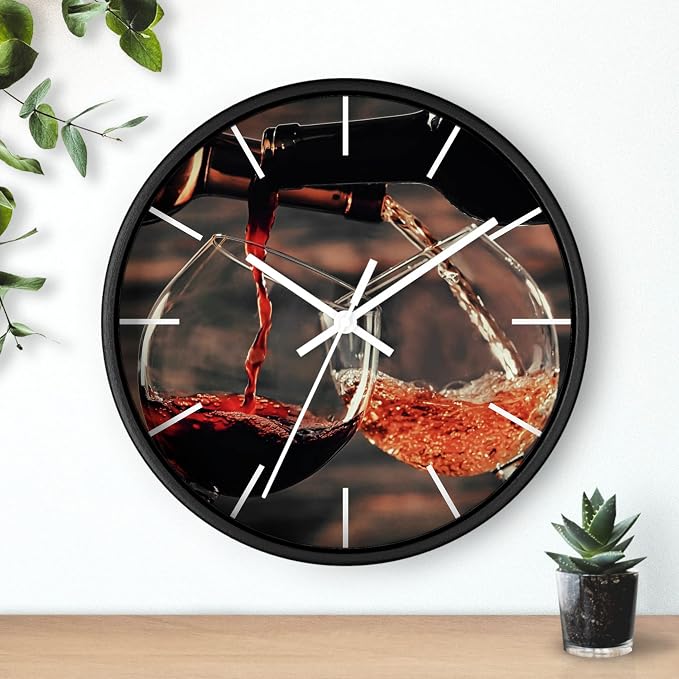 Mozingo ~ Wine Clock for Kitchen Bar Wall It's Wine O'clock Silent Time Gift Home Decor Made In USA, 10" (Hour Marks - Lines, Clock Frame Color - Black, Wine Theme #01) - Image 3