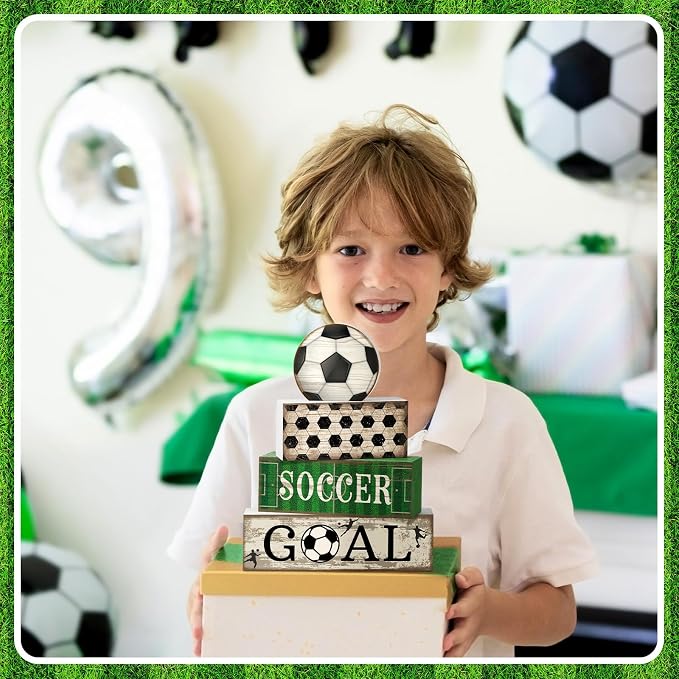Moucuny 4 Pcs Soccer Party Decorations Soccer Table Centerpiece Football Tiered Tray Decor Wooden Ball Block Signs Gift Sports Themed Table Decorations for Boys Baby Shower Party Supplies Decor - Image 7