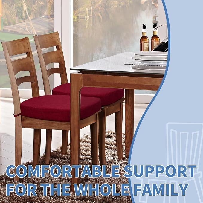BUYUE Thickened 2.5" Dining Chair Cushions Set of 6, U-Shape High Density Foam Comfortable Chair Pads for Kitchen, Slip Resistant Indoor Seat Cushions (6 PCS, Red) - Image 2