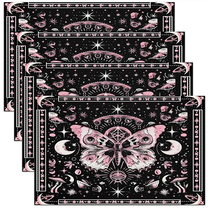 Feelyou Death Moth Placemats Set of 4 18"x12" Boho Exotic Moth Placemat for Kitchen Dining Table Decor Indoor Outdoor for Kids Teens Adults Bohemian Butterfly Table Place Mats, Sun Moon by Feelyou