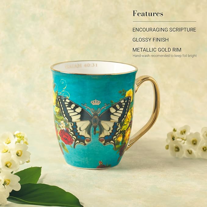 Christian Art Gifts Teal Butterfly Ceramic Coffee Mug with Gold Accents – 14 oz. Lead & Cadmium-free Inspirational Scripture Coffee and Tea Mug for Women & Men with Bible Verse: Hope – Isaiah 40:31 - Image 3