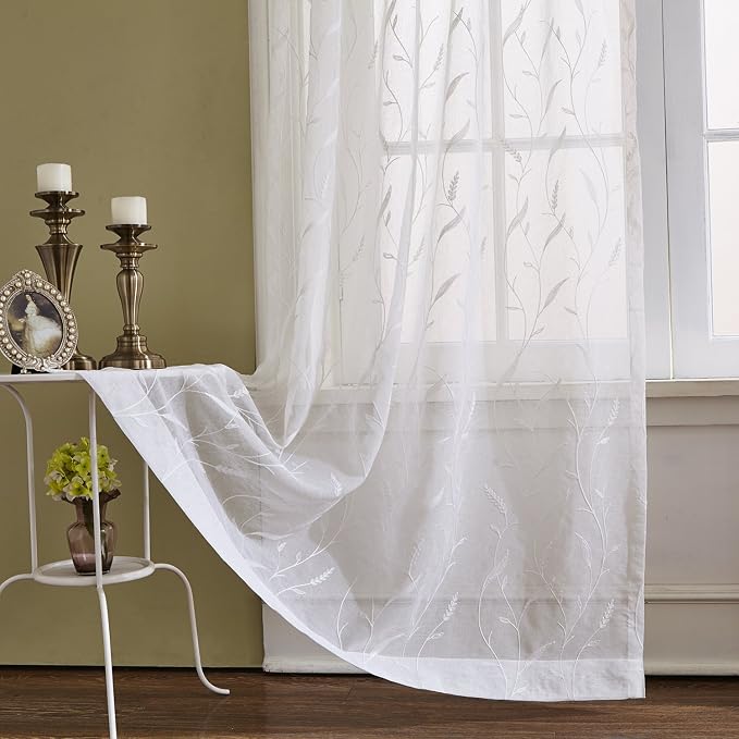White Rod Pocket Sheer Curtains 102 inches Long Tassels Embroidered Window Curtain Sheer Voile Panels for Living Room & Bedroom, Set of 2 by VOGOL