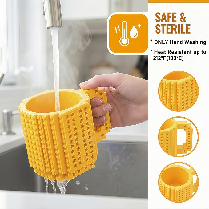 Lumsburry Build-on Brick Coffee Mug, Funny DIY Unique Novelty Drinking Cup | Building Blocks Creative Mug, for Men Women Kids Dad Mom, Present Exchange Ideas, Xmas Birthday White Elephant(Yellow) - Image 3