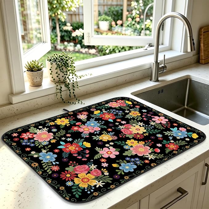 Tropical Floral Dish Drying Mat for Kitchen Counter Coffee Bar 18x24 in | Decorative Non Slip Absorbent Kitchen Dishes Drainer Mat, with Anti-slip Rubber Backing & Hanging Loop, for Sink, Home Decor by HiWelcometoMCIAONE