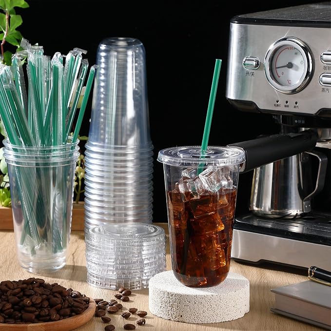 Baderke 25 Set Plastic Cups with Lids and Straws, Disposable Plastic Iced Coffee Cup for Cold Beverage Juice Smoothie Crystal for Coffee Shops Party Catering(Clear,18 oz) - Image 2