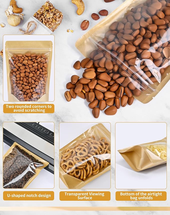 FireKylin Resealable Stand Up Pouches with Zipper 100 PCS, 4.7" x 7.9", Paper Bags, With Window, Clear Fornt Pouches, Food Storage, Brown - Image 2