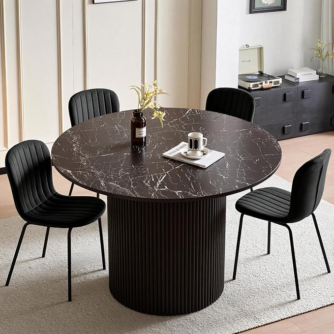 Dining Table Set for 4, 47 Inch Mid Century Modern Faux Marble Round Kitchen Table and Chairs, Space-Saving Small Dinette Set (Black Table+4 Black Chairs) by SQPFTW
