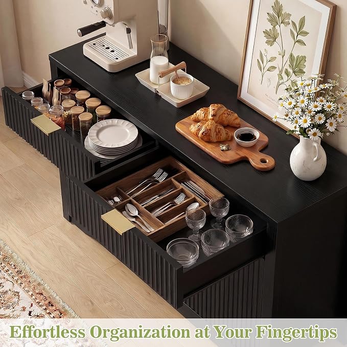 Cyclysio 55" Fluted Buffet Cabinet with Drawers, Modern Sideboard Credenza with Adjustable Shelves, Coffee Bar Table with Storage for Dining Room, Entryway, Kitchen, Black - Image 7