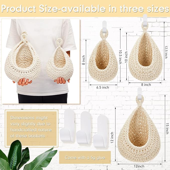 Honeydak Boho Decor Hanging Wall Baskets for Kitchen 3 Pack Teardrop Baskets with Hooks Storage Fruit Onion Vegetable Potato for Home 3 Sizes(White,Teardrop,Cotton Rope) - Image 2