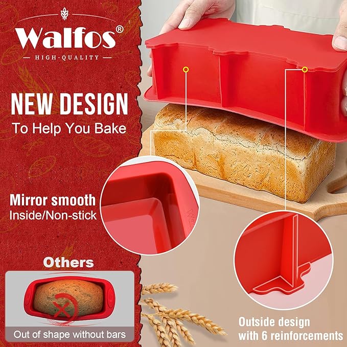 Walfos Silicone Loaf Pan 1 pcs Pieces (9x5x2.5inch) Non-Stick Silicone large loaf pan, Just Pop Out ! Perfect for Bread, Cake, Brownies, Meatloaf, Dishwasher Safe