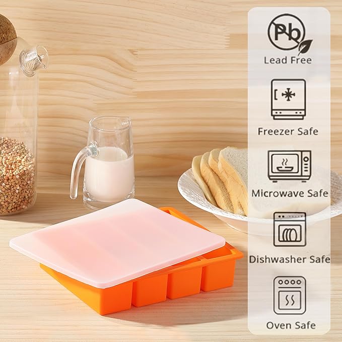 OHOLA Silicone Butter Mold Tray with Lids, Non-Stick for Chocolate, Energy Bars and Cake (1Pack, Stylish Orange Color)